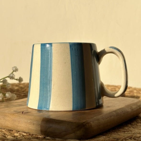 Baby Blue Stripe Ceramic Coffee Cup - Serene 220ml - Nurture India