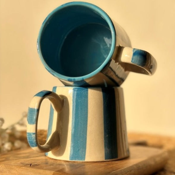 Baby Blue Stripe Ceramic Coffee Cup - Serene 220ml - Nurture India