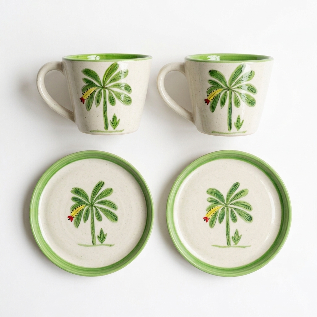 Banana Bloom Handpainted Ceramic Coffee Set – 2 Mugs & 2 Tapas