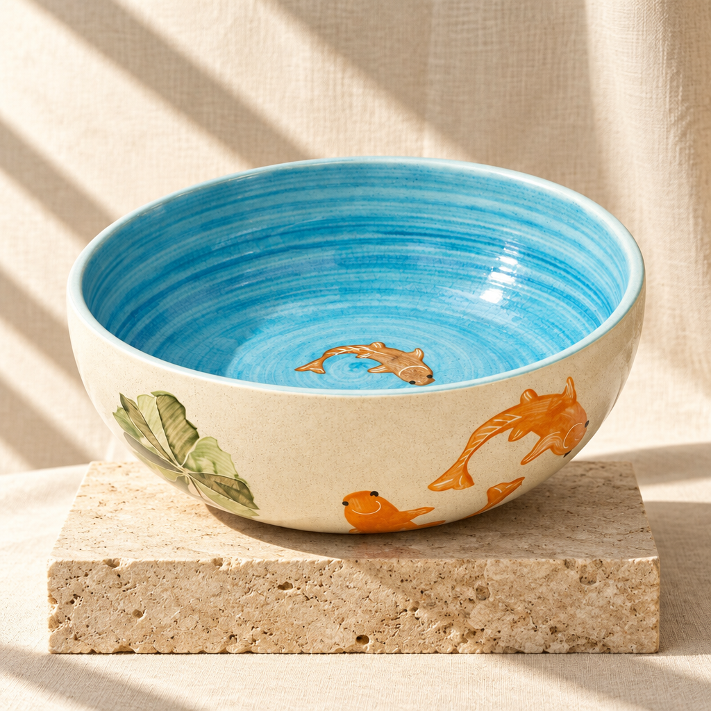 Ceramic bowl with blue interior and white exterior, featuring goldfish designs.