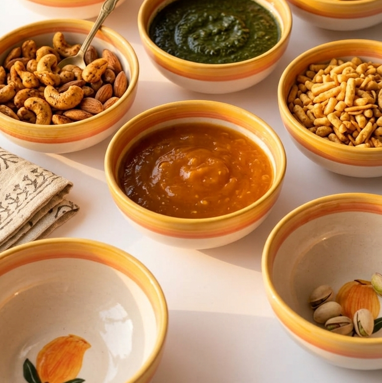 Assorted bowls of nuts, seeds, and sauces on a white surface
