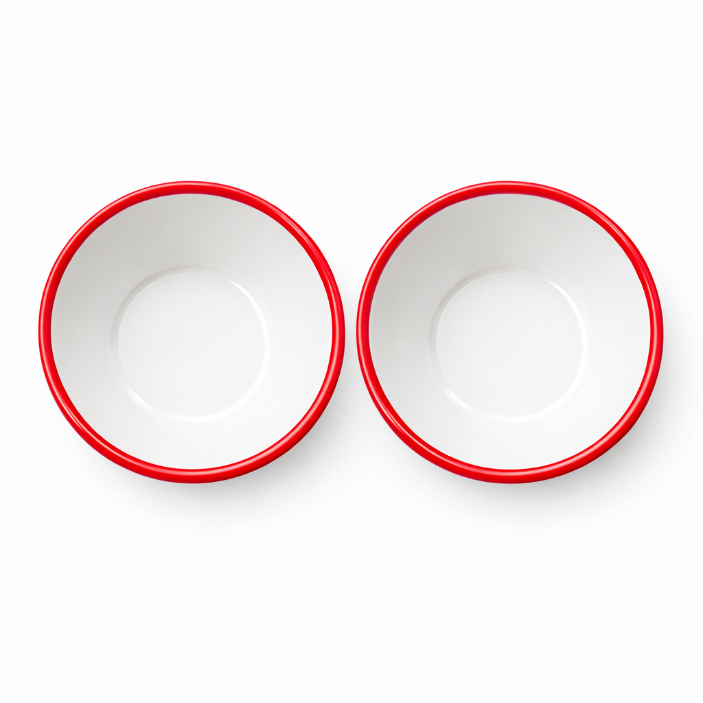 Two white bowls with red rims on a white background