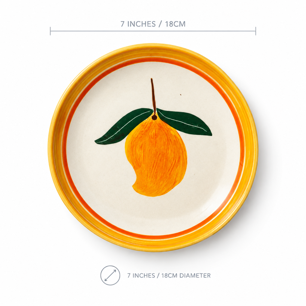 Ceramic plate with a lemon design on a white background