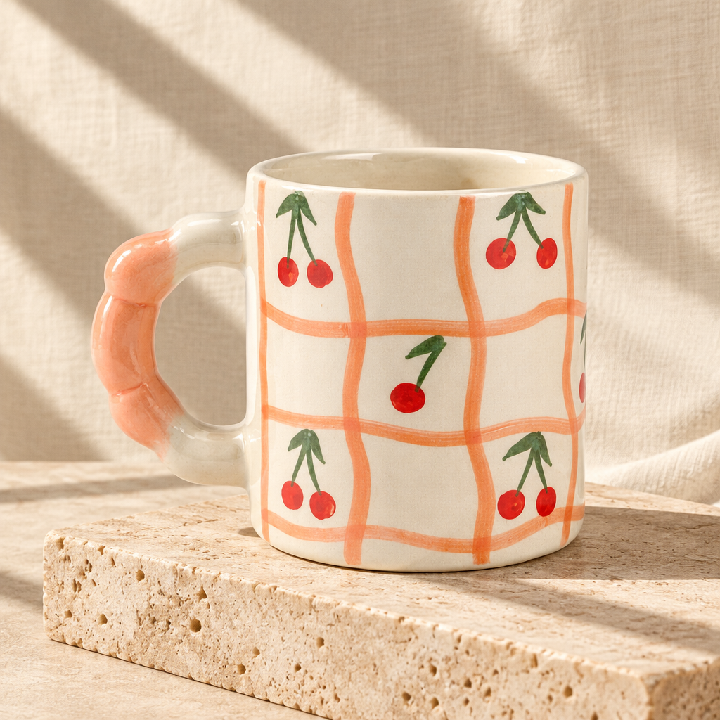 Cherry Grid Handpainted Ceramic Mug – Peach Handle