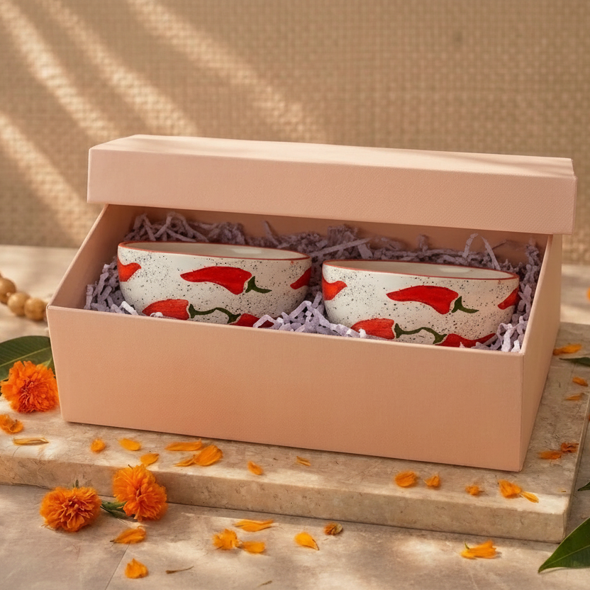 A pair of white ceramic tea cups with red chili pepper prints, presented inside a light pink gift box with purple shredded paper. The box is styled on a stone slab with orange marigold flowers and green leaves against a textured beige background.