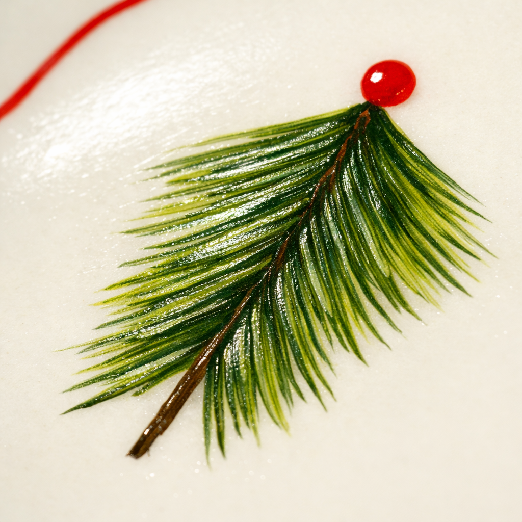 Decorative green palm leaf with a red berry on a white background