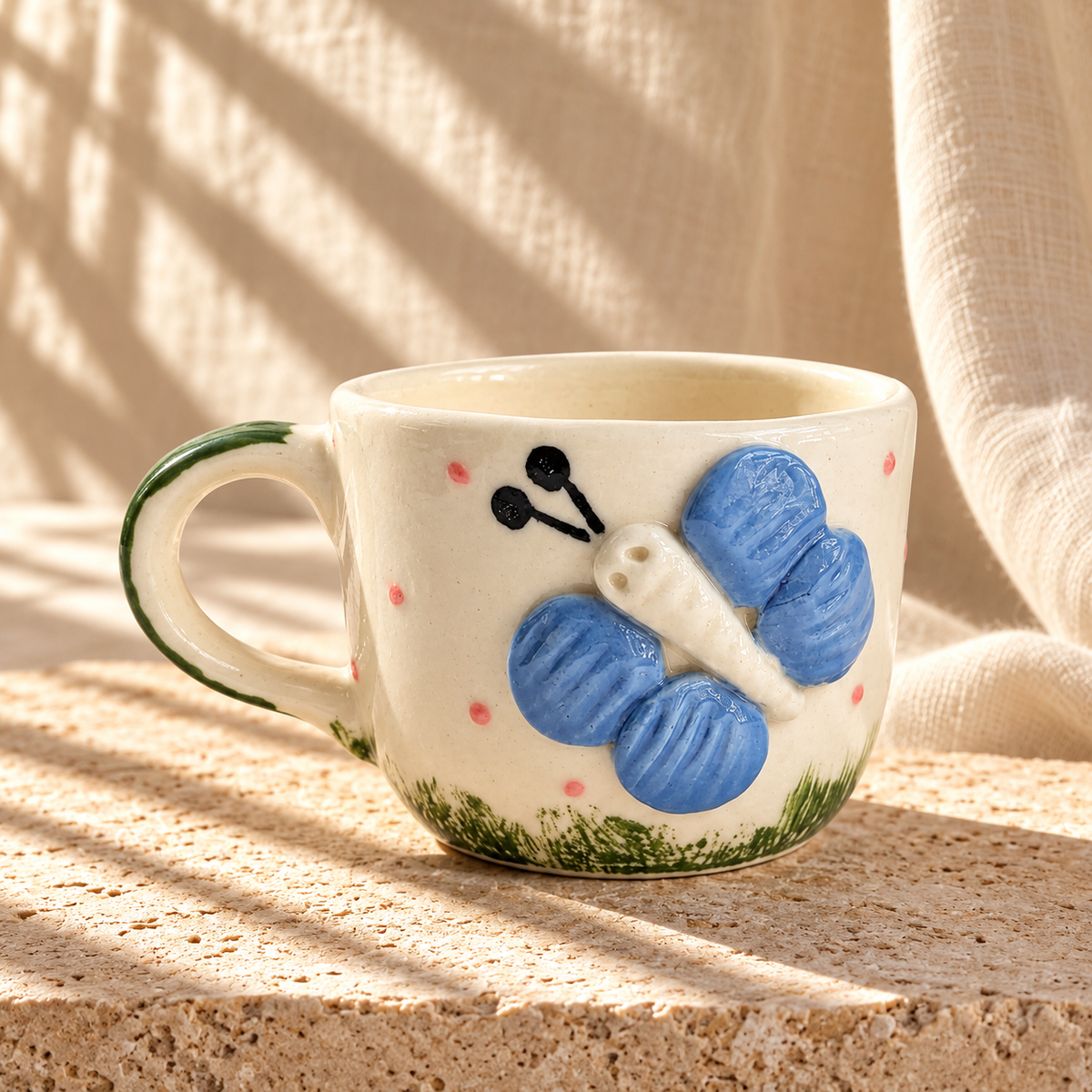 Cute 3D Butterfly Ceramic Coffee Mug with Pink Polka Dots (250 ml)