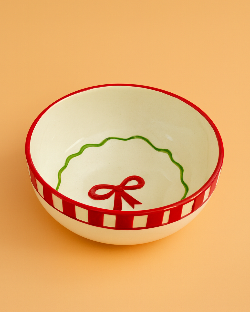 Set - Candy Cane Red Bow Ceramic Small Bowl