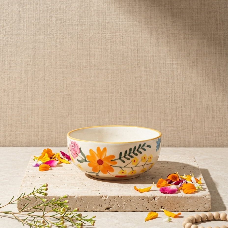 A ceramic bowl with a white base decorated with a colorful floral pattern, including a prominent orange flower, is styled on a textured stone slab with scattered flower petals and green sprigs against a neutral beige background.