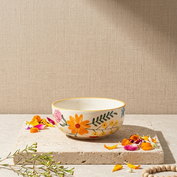 A ceramic bowl with a white base decorated with a colorful floral pattern, including a prominent orange flower, is styled on a textured stone slab with scattered flower petals and green sprigs against a neutral beige background.
