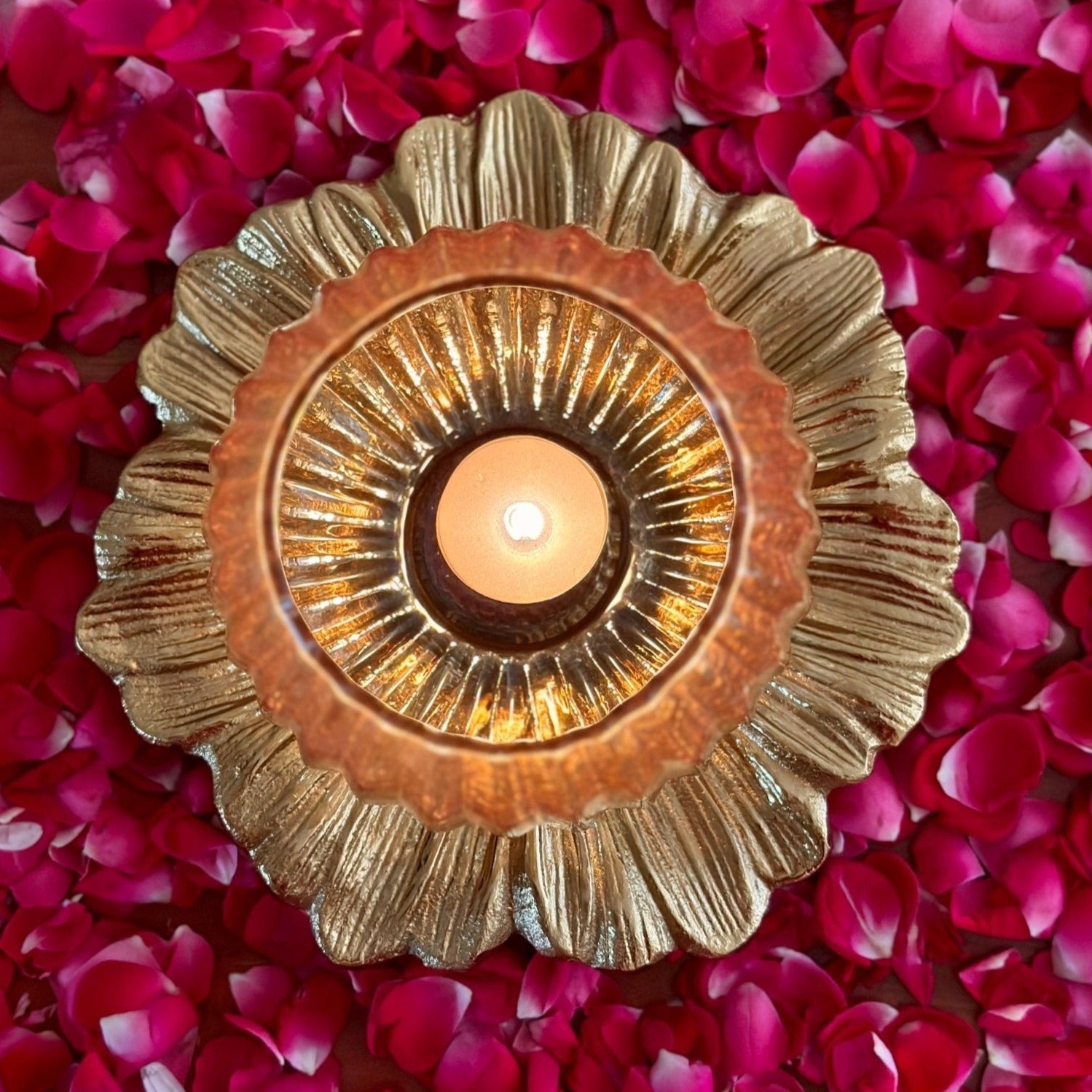 Glass Lamp with Metal Flower Platter - Nurture India
