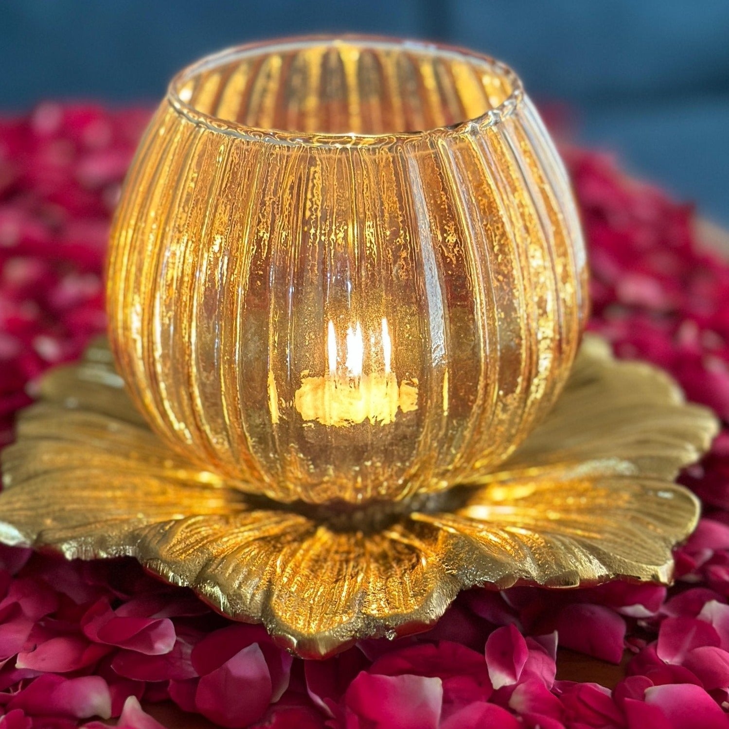 Glass Lamp with Metal Flower Platter - Nurture India