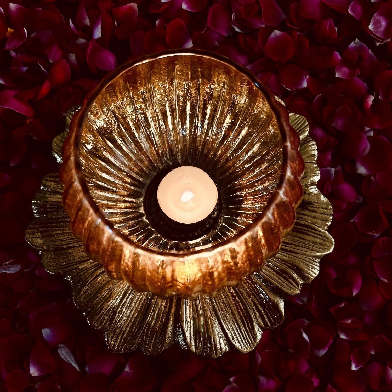 Glass Lamp with Metal Flower Platter - Nurture India