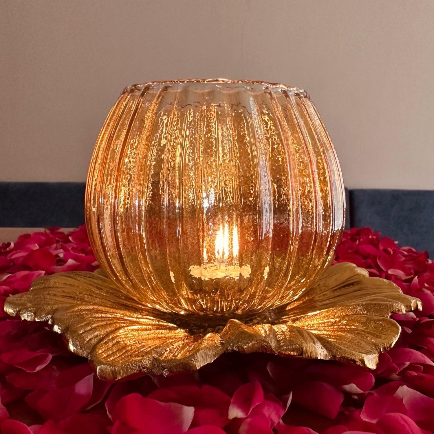 Glass Lamp with Metal Flower Platter - Nurture India