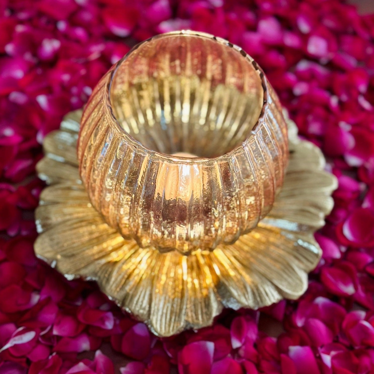 Glass Lamp with Metal Flower Platter - Nurture India