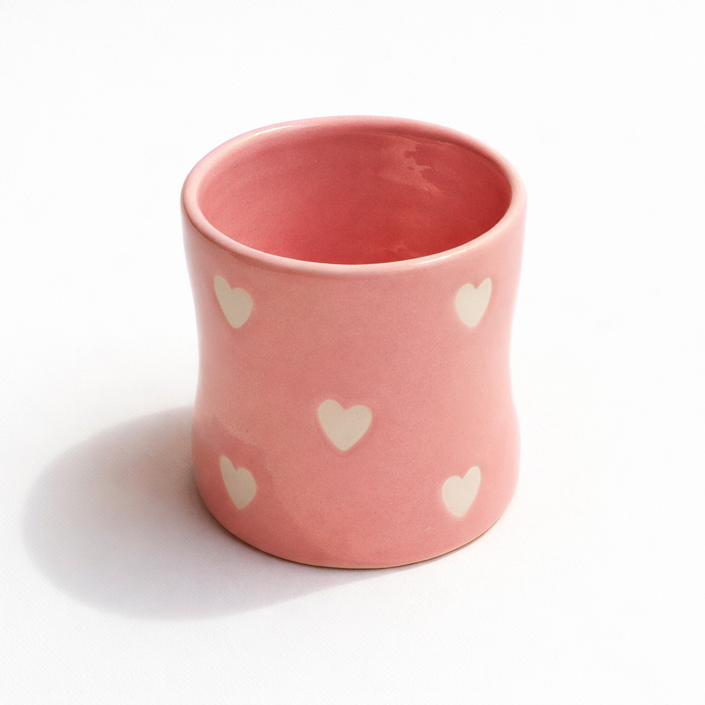 Glossy Pink Handmade Ceramic Coffee Tumbler with Hearts