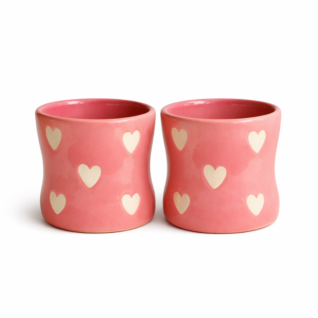 Glossy Pink Handmade Ceramic Coffee Tumbler with Hearts