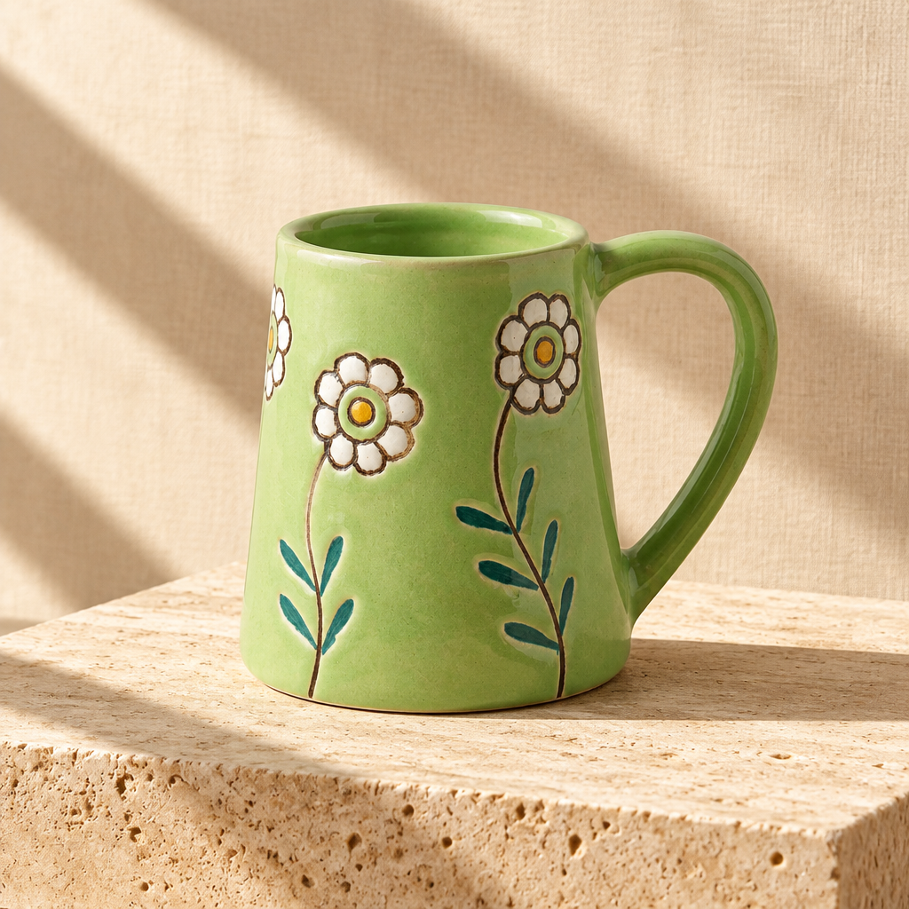 Green mug with floral designs on a white background