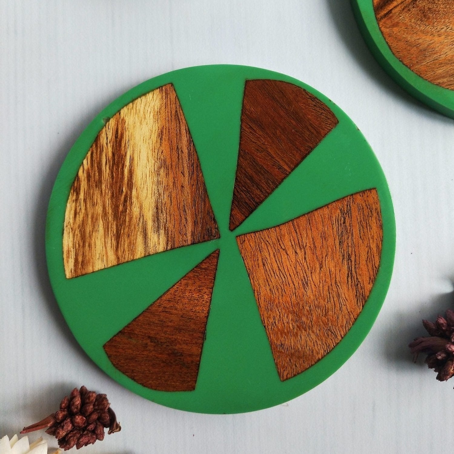 Green Wood & Resin Coasters Set of 4 - Stylish & Functional Home Decor - Nurture India