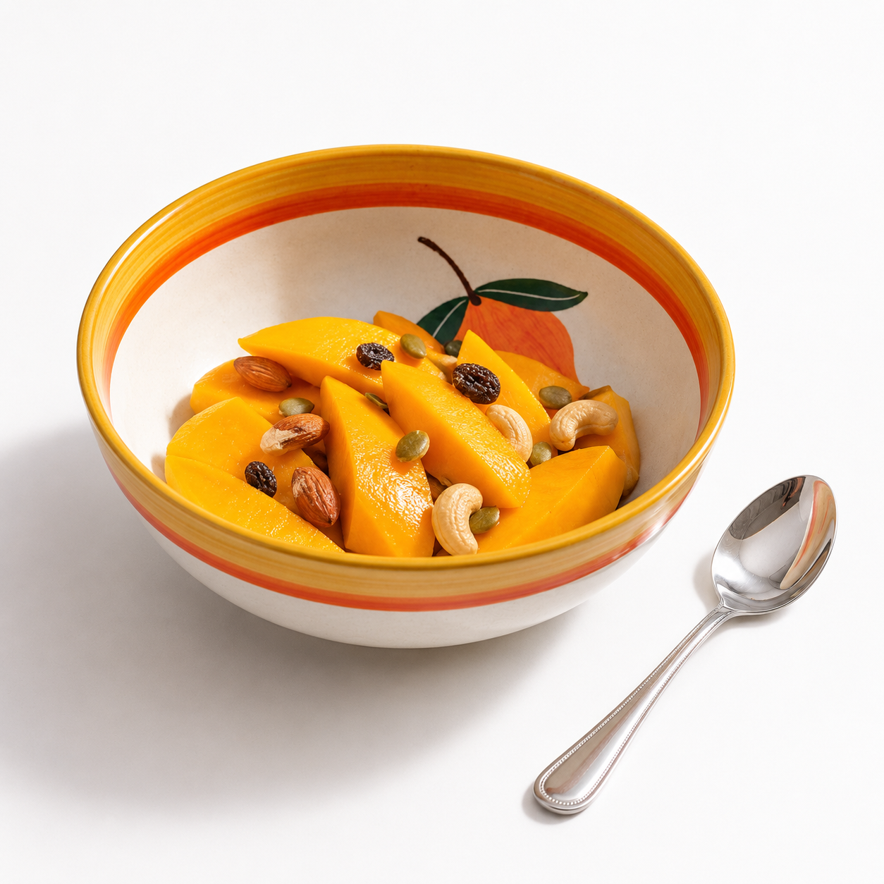 Bowl of sliced mangoes with nuts and seeds on a white background
