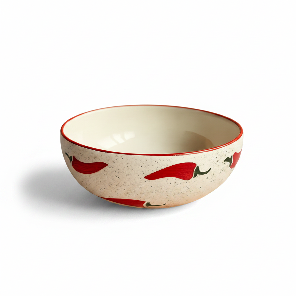 Ceramic bowl with red chili pepper design on a beige background