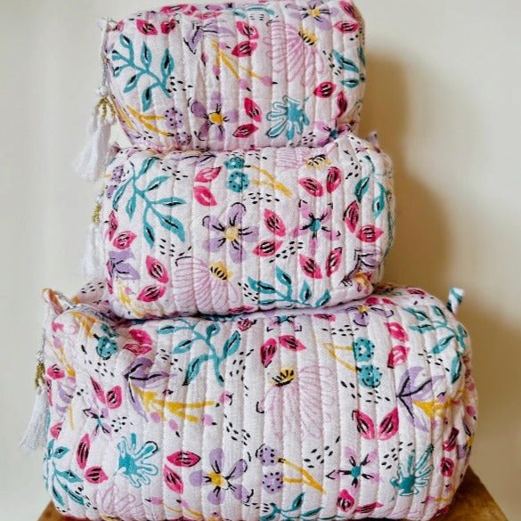 Handblockprinted Water Resistant Cosmetic Pouch Set of 3 - Nurture India