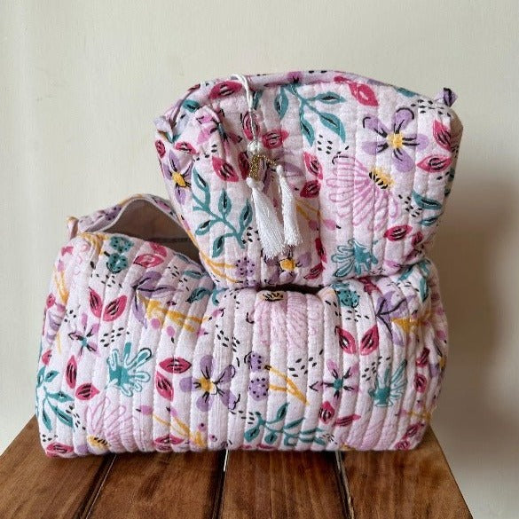 Handblockprinted Water Resistant Cosmetic Pouch Set of 3 - Nurture India