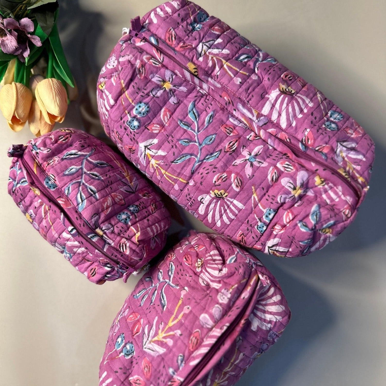 Handblockprinted Water Resistant Cosmetic Pouch Set of 3 - Nurture India