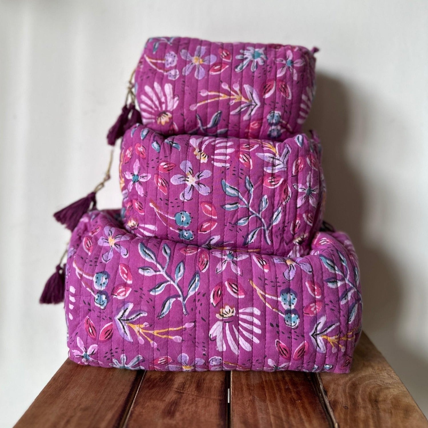 Handblockprinted Water Resistant Cosmetic Pouch Set of 3 - Nurture India