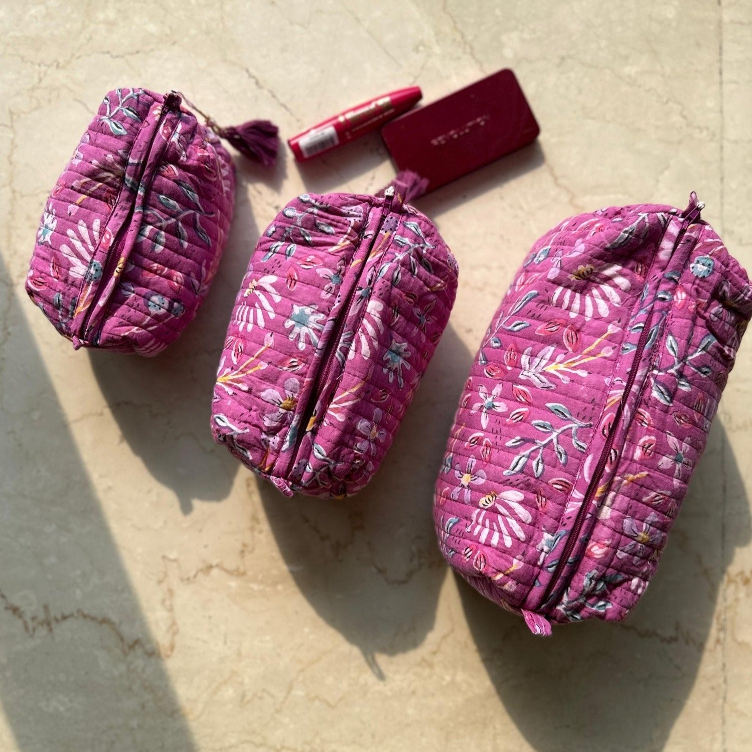 Handblockprinted Water Resistant Cosmetic Pouch Set of 3 - Nurture India