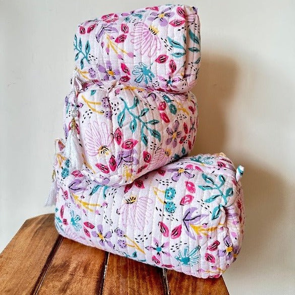 Handblockprinted Water Resistant Cosmetic Pouch Set of 3 - Nurture India