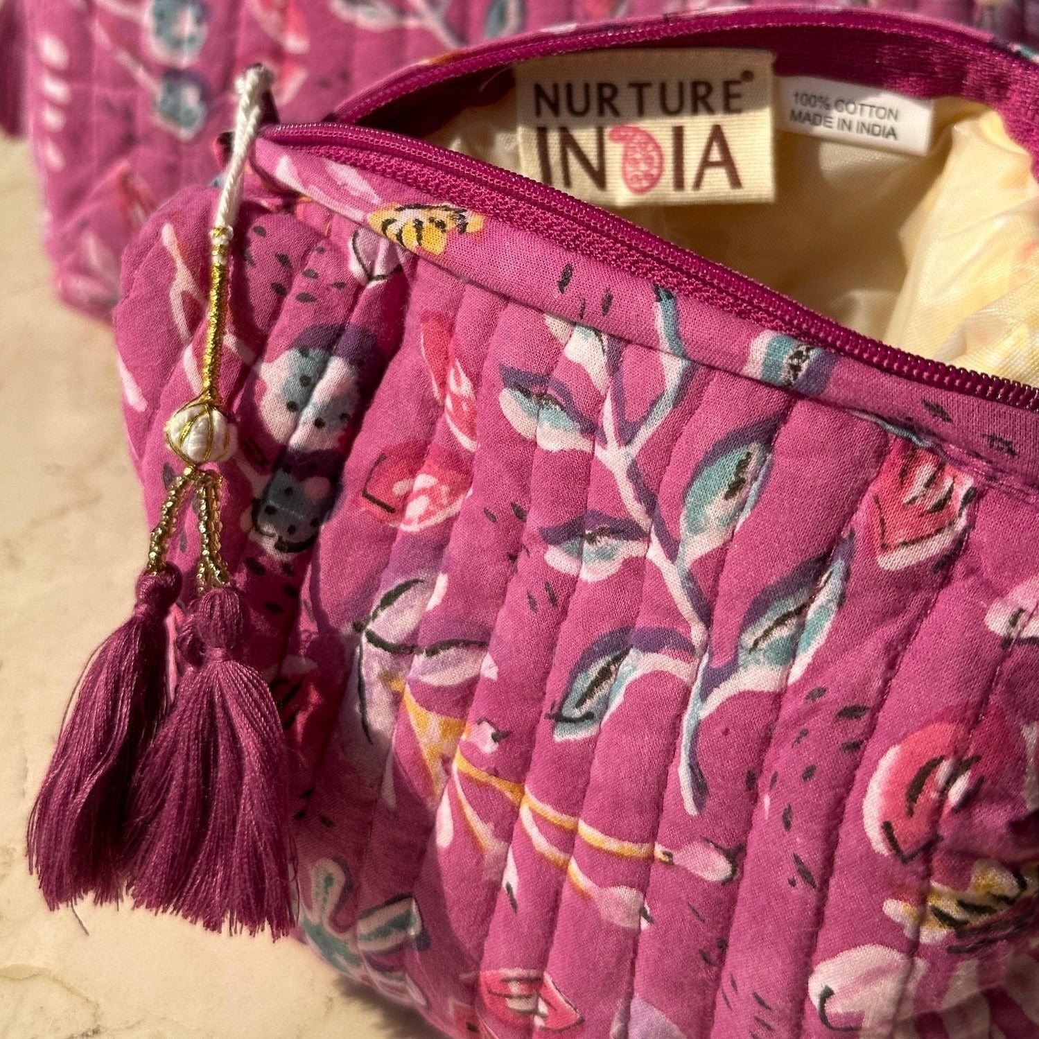 Handblockprinted Water Resistant Cosmetic Pouch Set of 3 - Nurture India