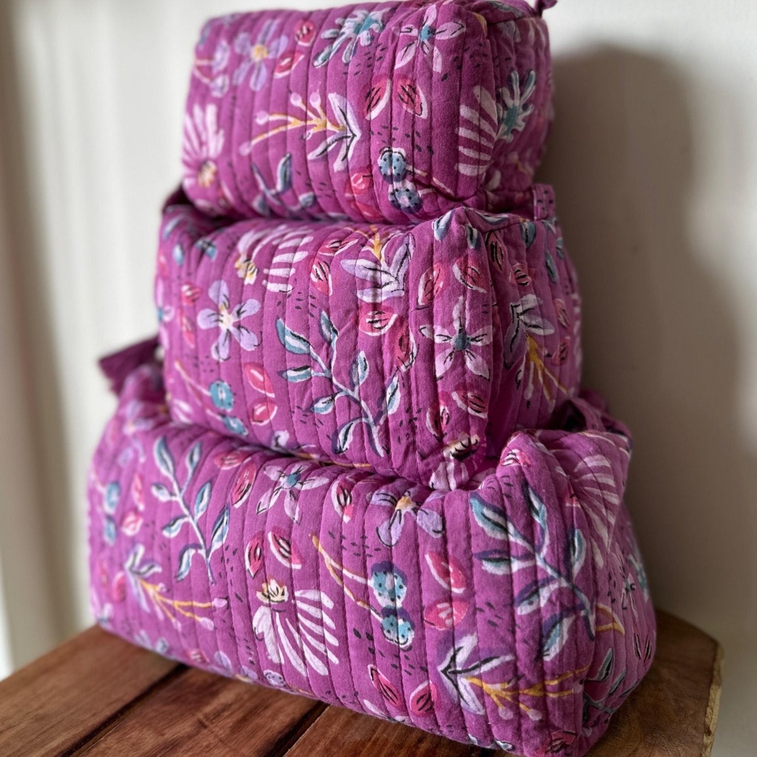 Handblockprinted Water Resistant Cosmetic Pouch Set of 3 - Nurture India