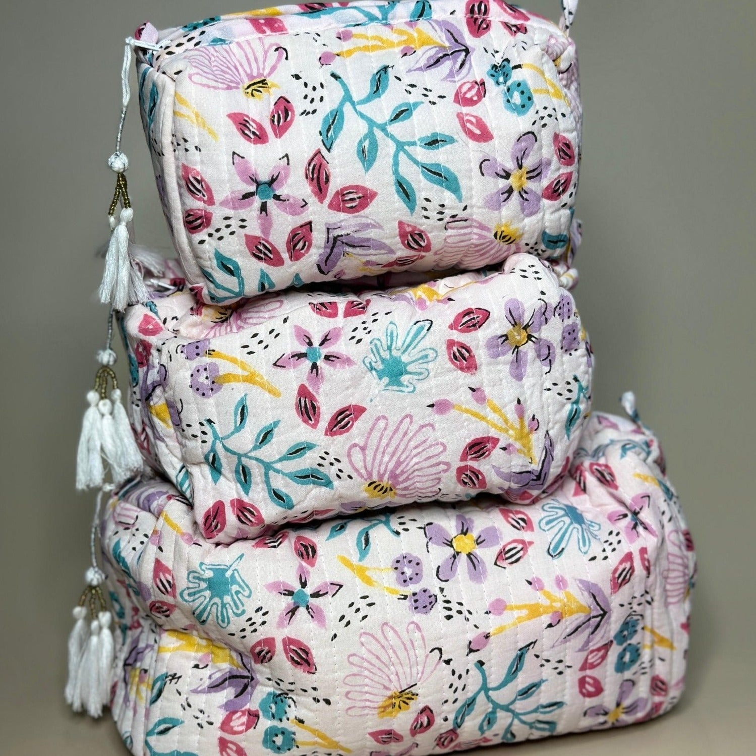 Handblockprinted Water Resistant Cosmetic Pouch Set of 3 - Nurture India