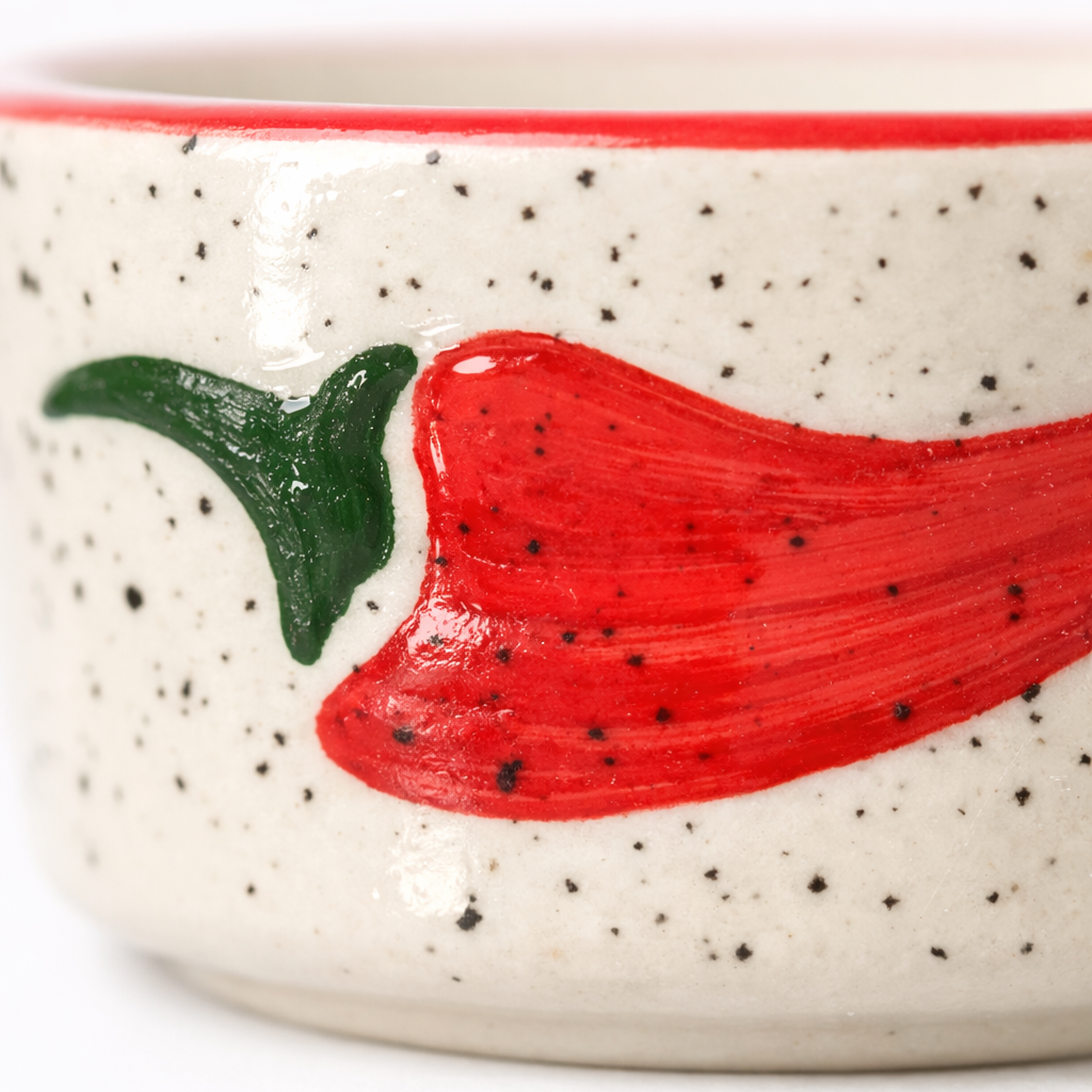 Ceramic bowl with a red pepper design on a white background