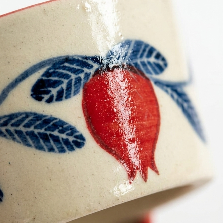 Ceramic cup with red and blue floral design on a white background