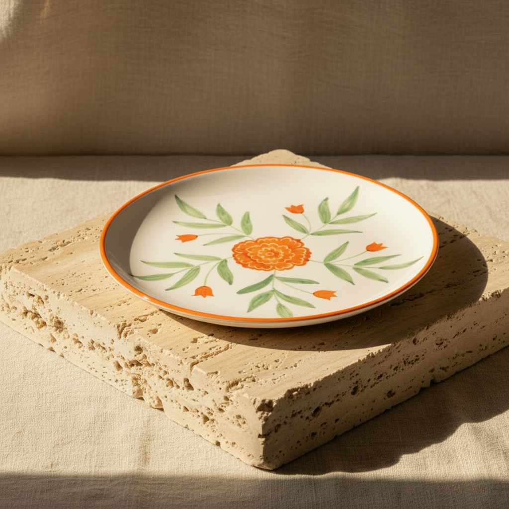 Decorative plate with orange floral design on a white background