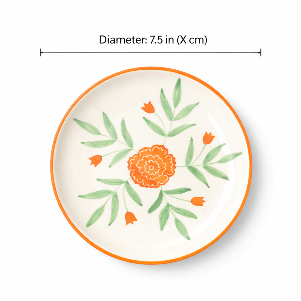 Decorative plate with floral design and measurements on a white background