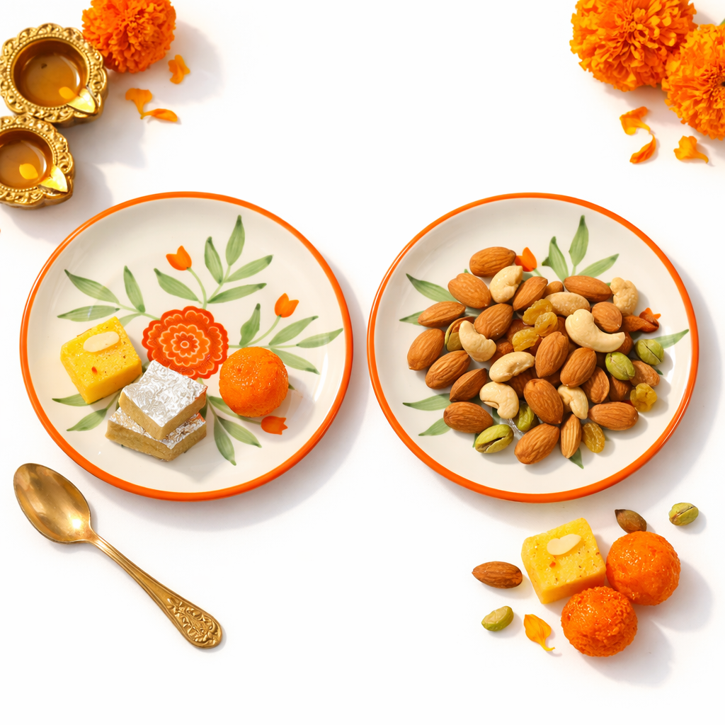 Two plates with snacks and a gold spoon on a white background