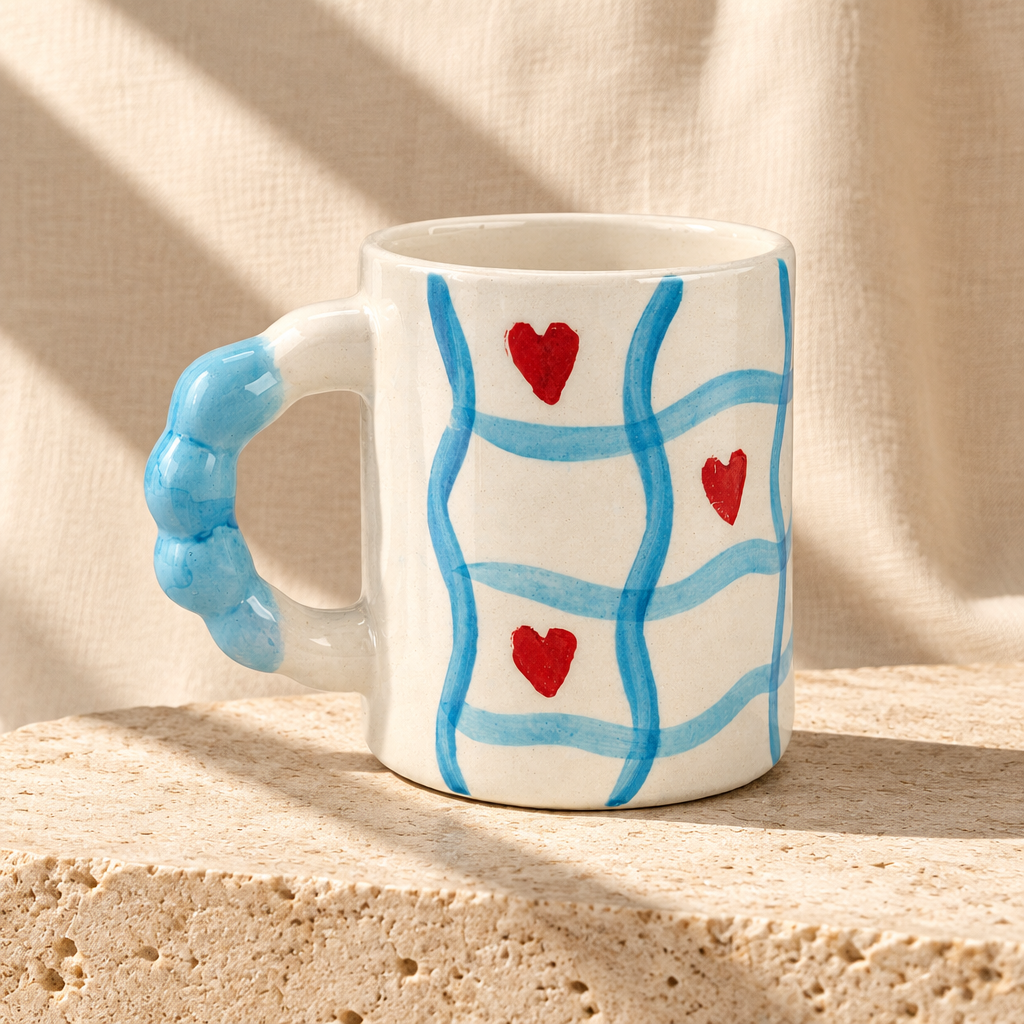 Heart Grid Handpainted Ceramic Mug – Sky Blue Handle