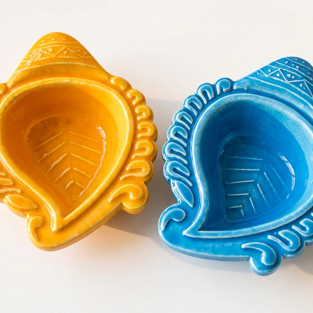 The Pottery Muse Embossed Keri Multicolor Ceramic Diyas (Set of 5)-Assorted Colors