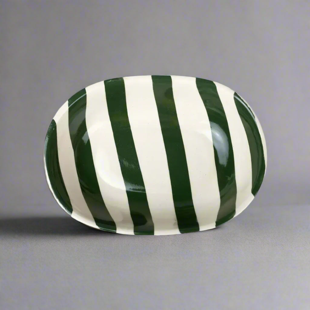 Vintage Army Green Stripe Ceramic Bowl