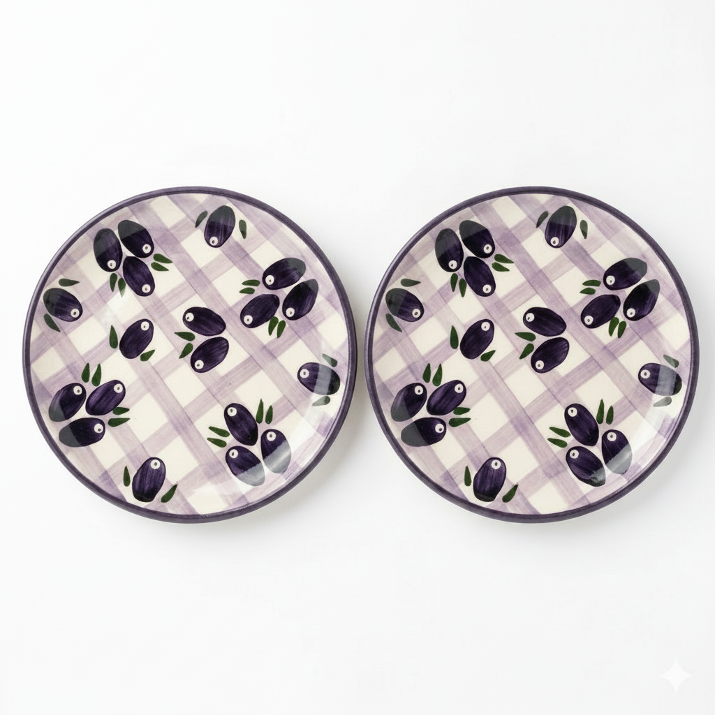 Two ceramic plates with olive design on a checkered background