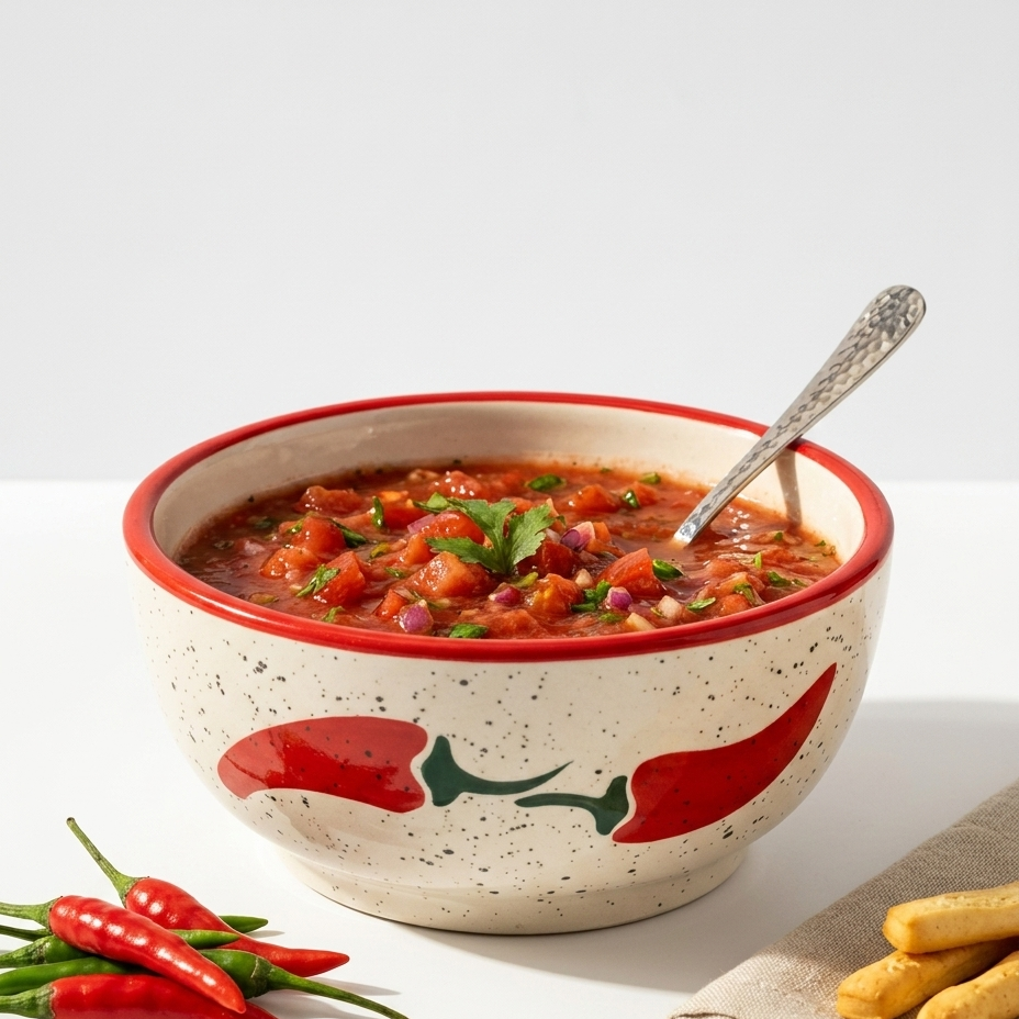 A ceramic bowl filled with a chunky red salsa or tomato soup, set on a white surface with red chili peppers and breadsticks nearby. The bowl is speckled off-white with a red rim and red chili pepper illustrations.