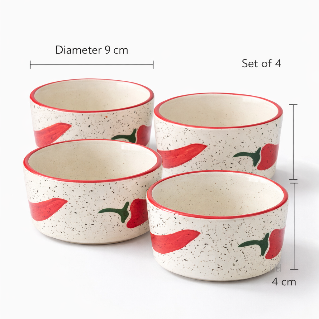 Set of four ceramic cups with red and green designs on a white background