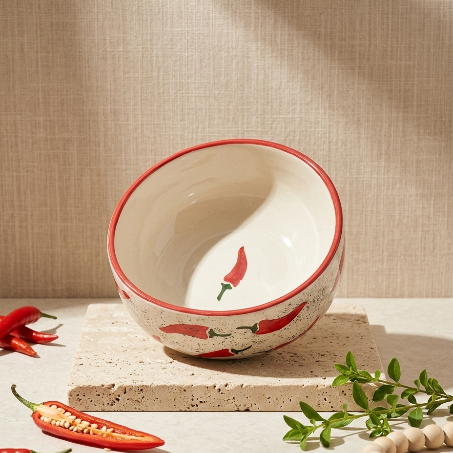 A ceramic bowl with a red rim and chili pepper illustrations, displayed on a stone slab with red chili peppers and green leaves in a styled setting.