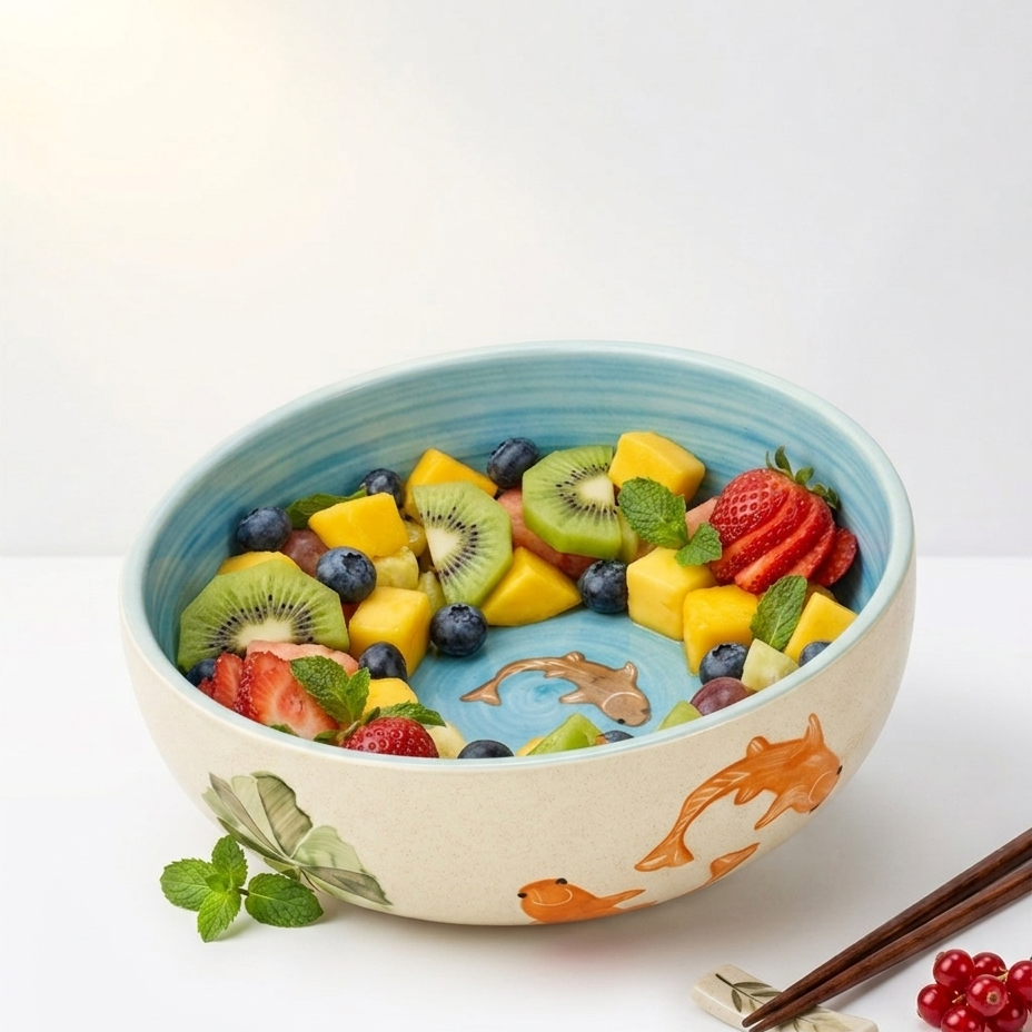 A ceramic fruit bowl with a light blue interior and a beige exterior decorated with fish and leaf motifs, filled with sliced kiwi, strawberries, blueberries, and mango. The bowl is styled on a white surface with mint leaves and chopsticks nearby.