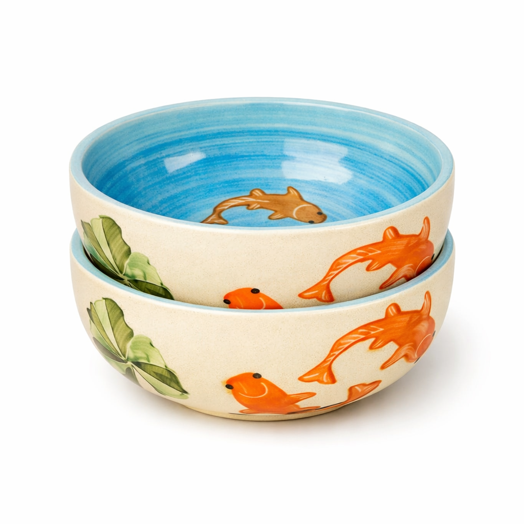 Set of two ceramic bowls with fish design on a white background