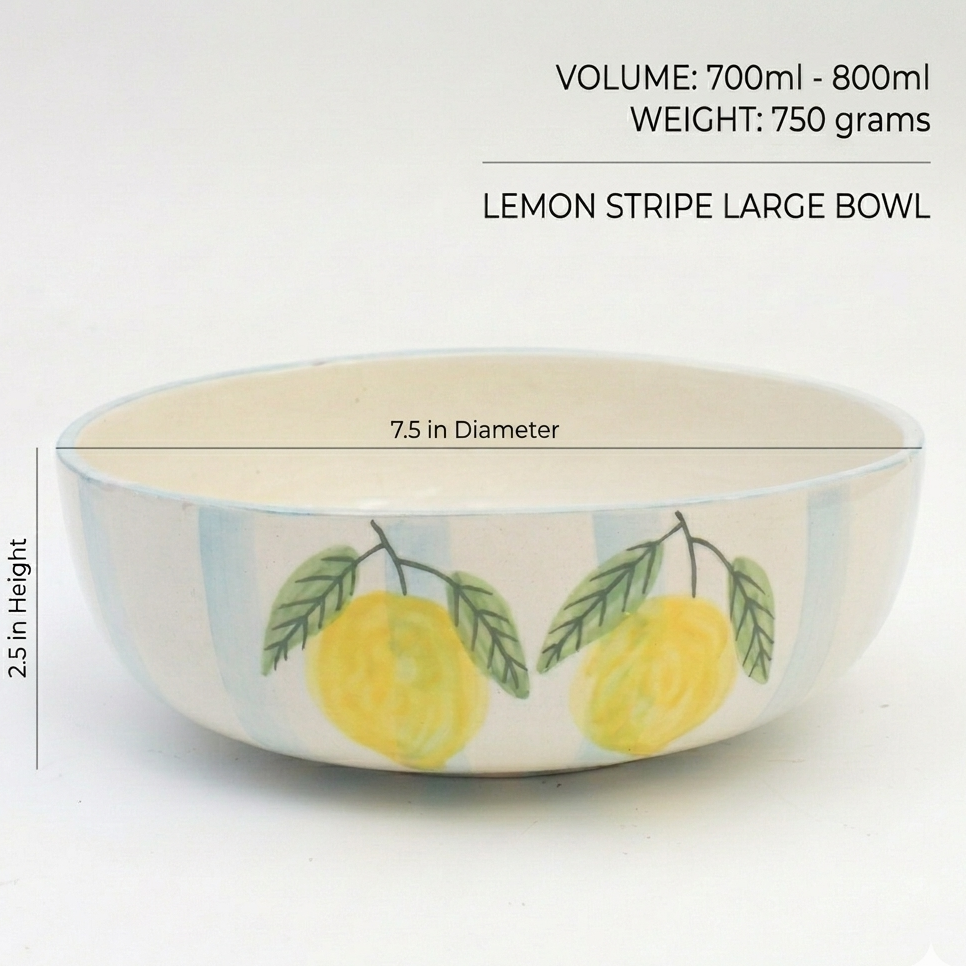 Large bowl with lemon stripe design and measurements on a white background