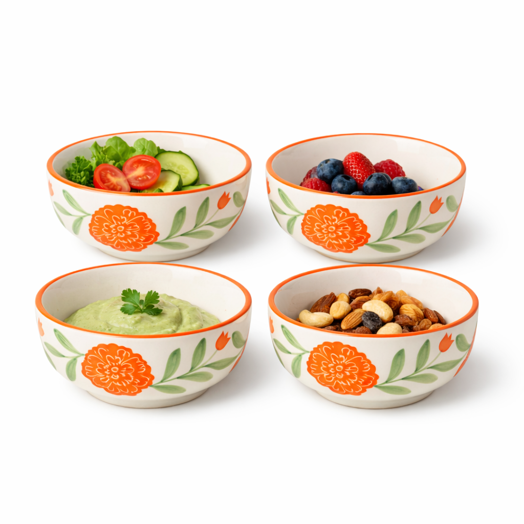 Four decorative bowls with floral patterns containing various foods on a white background